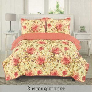 3 Piece Quilted Bedspread Set - Floral Bedding Set Yellow Pink Full/Queen & King